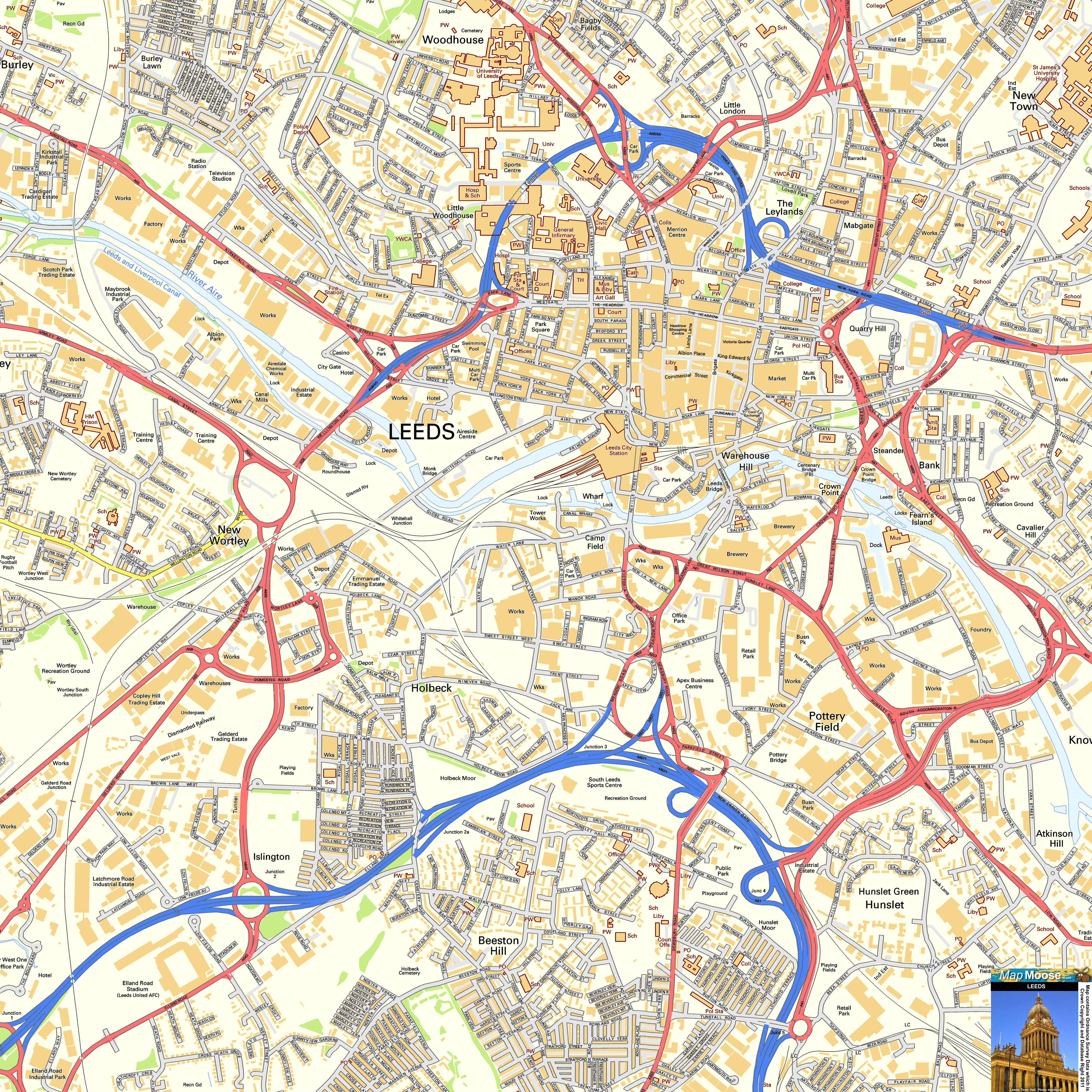Leeds Offline Street Map, including Town Hall, Victoria Quarter